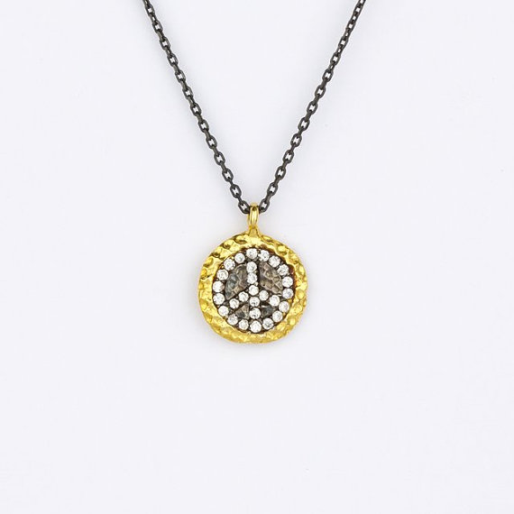 Evil Eye Peace Sign Diamond Look Yellow Gold Over Silver Necklace Pendant