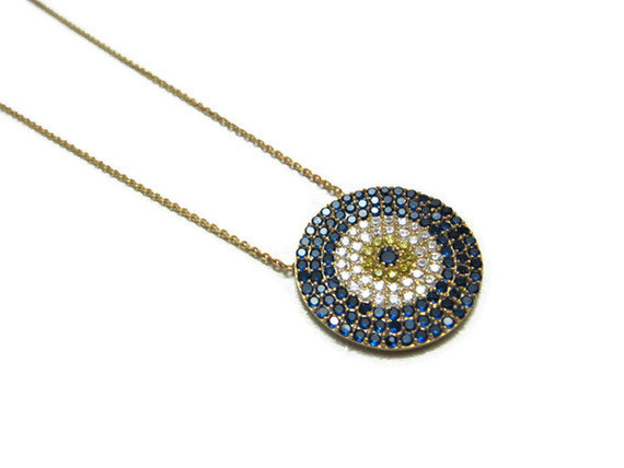 18k Gold Plated Over Silver 925 Evil Eye Necklace Round Pendant